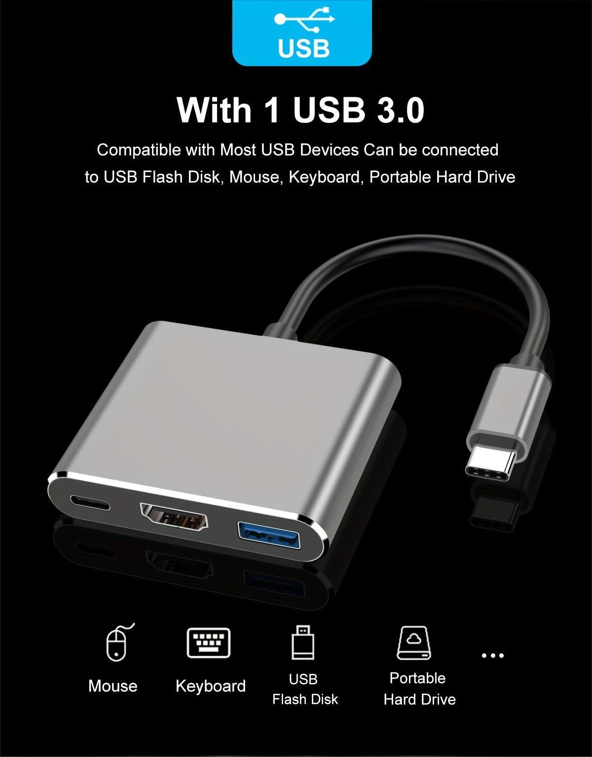 [3-in-1 USB C Hub] 3-in-1 USB C Hub | Thunderbolt 3 to HDTV 4K Output, USB 3.0 Port & 60W PD Charging, Compact Metal USB-C Adapter for MacBook Pro/Air, Galaxy S8/S9, Laptops - Buy online at  Vibe In Cart.