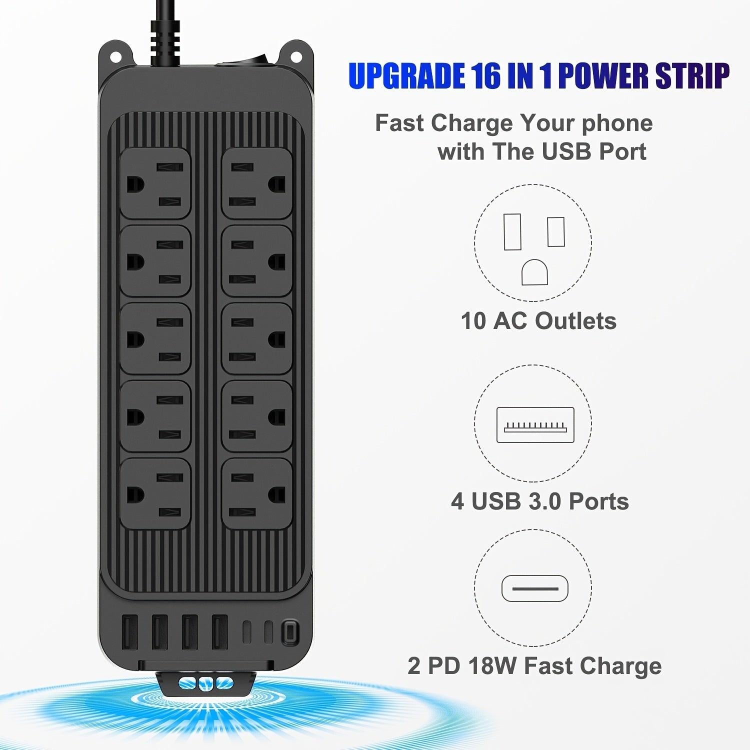 Compact Surge Protector Power Strip with 10 Outlets & 6 USB Ports (2 USB-C), 4ft Thin Flat Extension Cord, Ideal for Home, Office, Travel, and Dorm Use - US Plug, 110V-130V - Buy online at  Vibe In Cart.