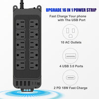 Compact Surge Protector Power Strip with 10 Outlets & 6 USB Ports (2 USB-C), 4ft Thin Flat Extension Cord, Ideal for Home, Office, Travel, and Dorm Use - US Plug, 110V-130V - Buy online at  Vibe In Cart.
