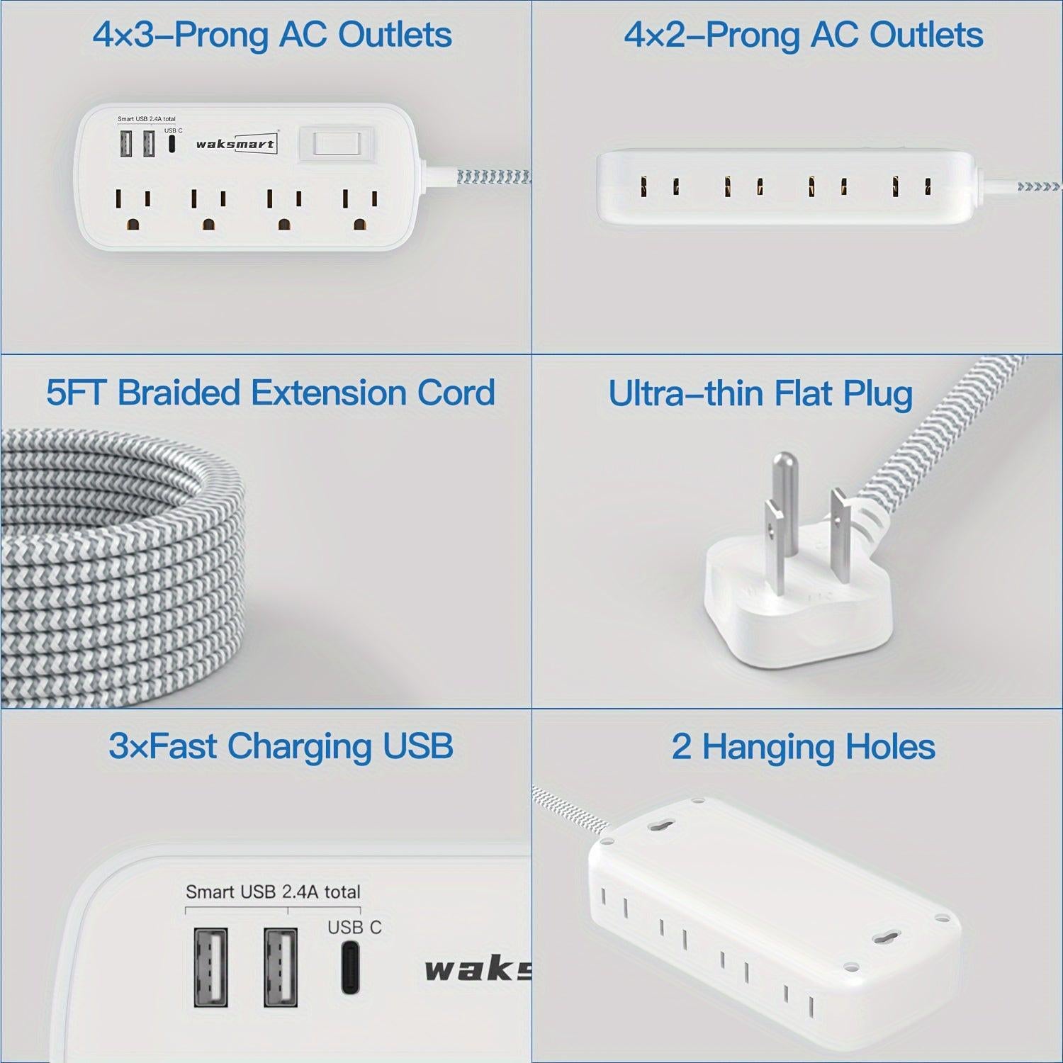 [Heavy-Duty | 8 AC Outlets] WAKSMART Heavy-Duty Power Strip | 8 AC Outlets, 3-Port USB Charging (1 USB-C Fast Charge), 5-Foot Braided Extension Cord, Wall Mount - Compact Charging Station for Office, Dorm, School - ETL - Buy online at  Vibe In Cart.