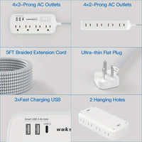 [Heavy-Duty | 8 AC Outlets] WAKSMART Heavy-Duty Power Strip | 8 AC Outlets, 3-Port USB Charging (1 USB-C Fast Charge), 5-Foot Braided Extension Cord, Wall Mount - Compact Charging Station for Office, Dorm, School - ETL - Buy online at  Vibe In Cart.
