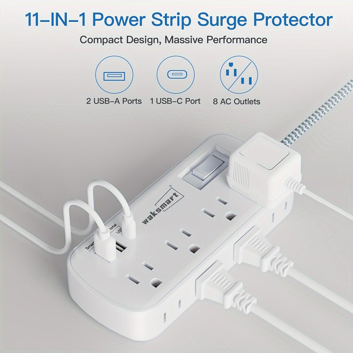 [Heavy-Duty | 8 AC Outlets] WAKSMART Heavy-Duty Power Strip | 8 AC Outlets, 3-Port USB Charging (1 USB-C Fast Charge), 5-Foot Braided Extension Cord, Wall Mount - Compact Charging Station for Office, Dorm, School - ETL - Buy online at  Vibe In Cart.