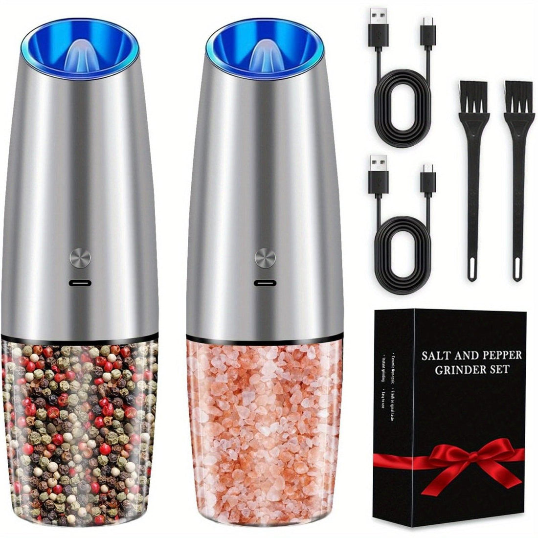 USB Rechargeable Salt and Pepper Grinder Set with Adjustable Coarseness, LED Light Indicator, One-Hand Operation, Stainless Steel Body, Includes 2 Charging Cables - Ideal for Efficient Spice Grinding, Spice Grinder, XWXO - Buy online at  Vibe In Cart.