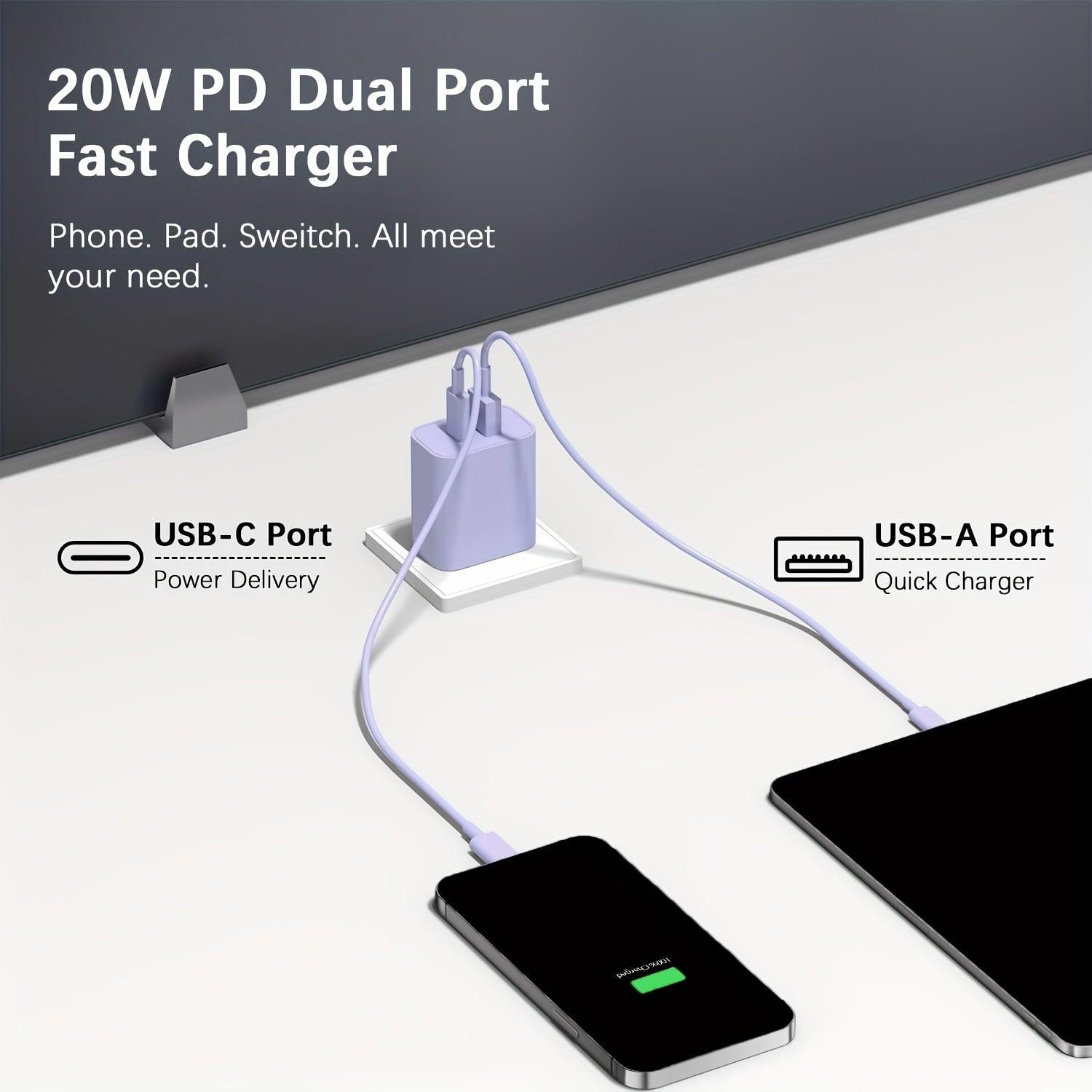 Dual Fast 20W USB C Fast Charger Block With Dual Port Power Adapter, Equipped With A 6-foot Cable C-type Fast Charging Kit, Suitable For IPhone 15 Series, For IPad, Samsung, Etc- Purple/Pink/Green/White - Buy online at  Vibe In Cart.
