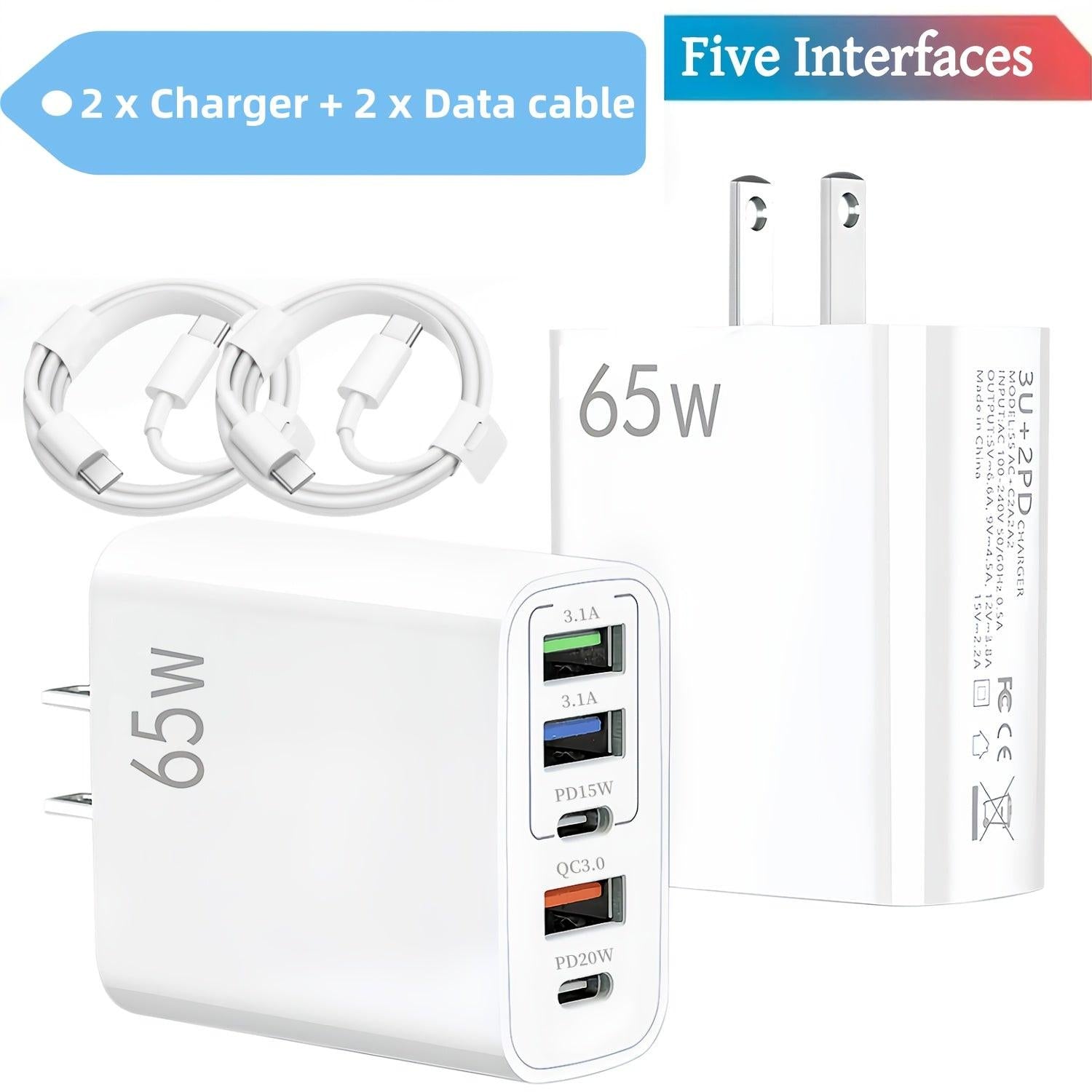 2/4pcs 20W USB C Fast Charger, Wall Charger Block, 5 Port Power Adapter with Data Cable, Compatible with Various Types Of Mobile Phones, White(The Five Ports Add Up to 65W) - Buy online at  Vibe In Cart.