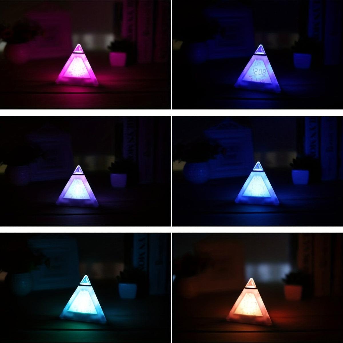 Battery-Operated LED Digital Alarm Clock Featuring a Quiet Pyramid Design, Night Light, Music, Snooze Function, And 7 Color-Changing Options, Perfect for Decorating Your Bedroom Or Office Desk. - Buy online at  Vibe In Cart.