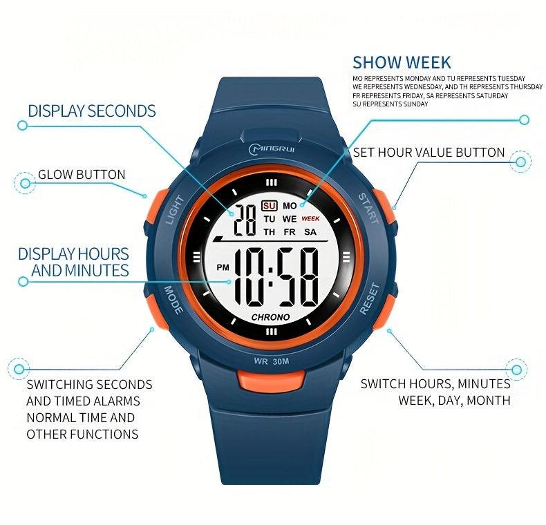 Kids Fashionable Sports Watch | 30m Water Resistance, Glow-in-the-Dark, Digital Display, Rubber Strap, Plastic Case, Button Battery, White Dial - Ideal for Boys and Girls, Perfect for School Supplies - Buy online at  Vibe In Cart.