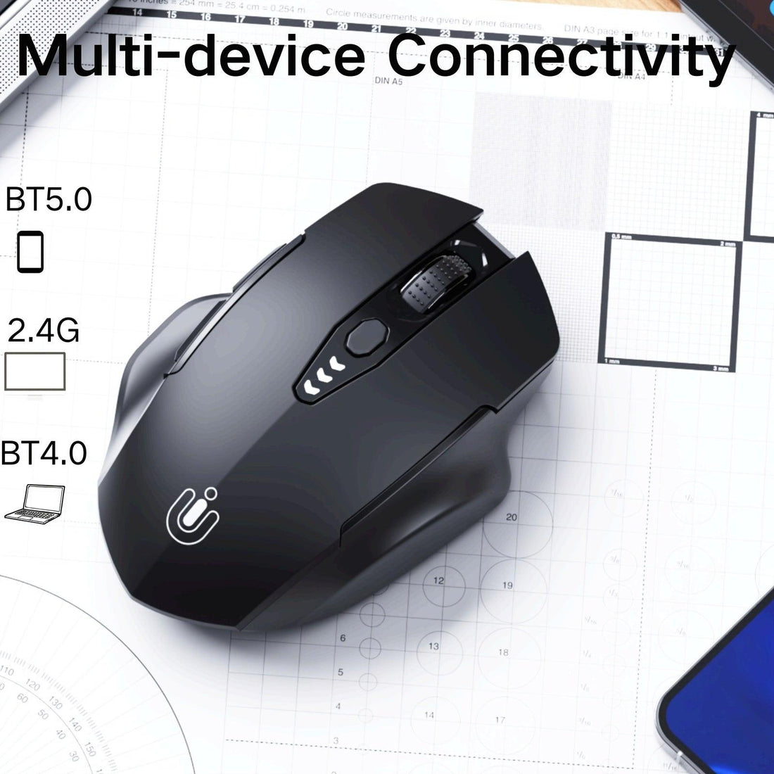 [UINEER Wireless Mouse] UINEER Rechargeable Tri-Mode Wireless Mouse | Ergonomic Design, 6 Buttons, Visible Battery Level, BT 4.0, 5.0 & USB | Office & Learning Mouse - Buy online at  Vibe In Cart.