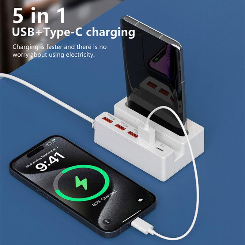 [65W Multi-Functional Charger] 65W Multi-Functional Charger | 1pc with 3 USB-A/1 USB-C Ports, Built-in Stand & Amplifier, USB Charging Station for Smartphones, Tablets, Smart Devices - Compact Power Strip, Modern Charging Hub - Buy online at  Vibe In Cart.