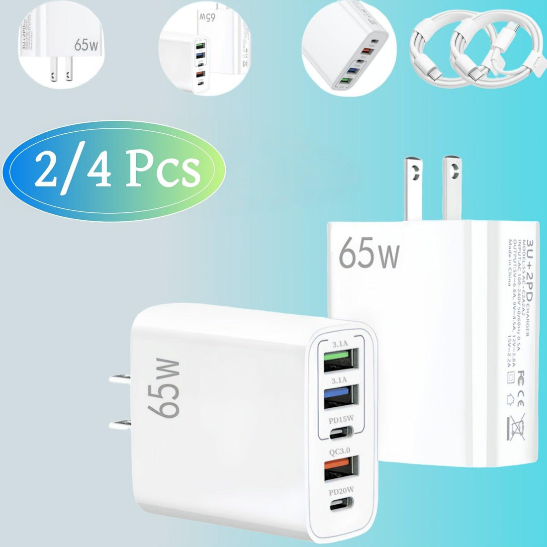 2/4pcs 20W USB C Fast Charger, Wall Charger Block, 5 Port Power Adapter with Data Cable, Compatible with Various Types Of Mobile Phones, White(The Five Ports Add Up to 65W) - Buy online at  Vibe In Cart.