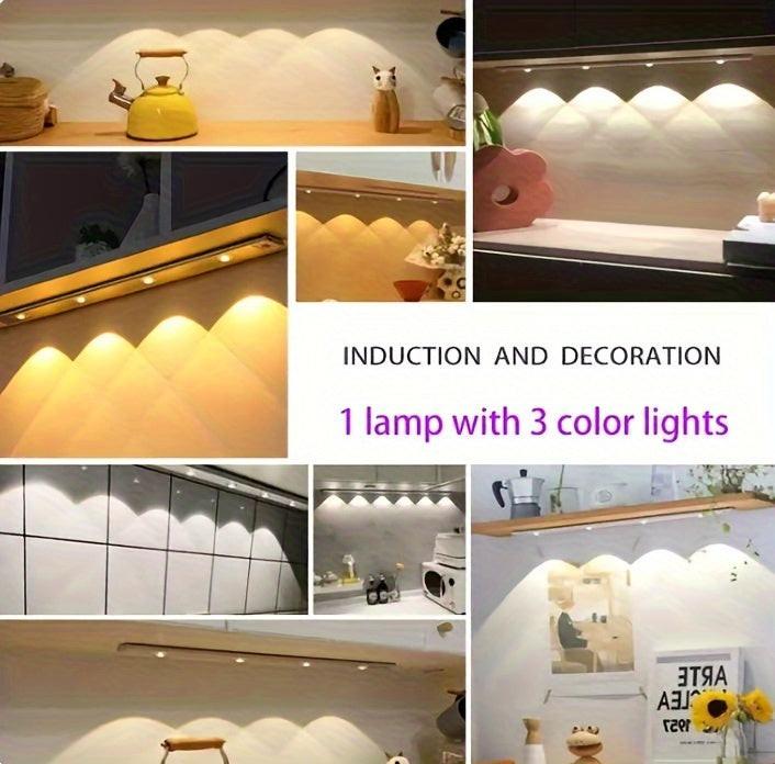 3 Color Dimmable Easy to Install USB Rechargeable Motion Sensor LED Strip Light - Wireless Plastic Lamp with Sunset Pattern for Kitchen, Wardrobe, Cabinet, Bedroom - Ceiling Mount, Lithium Battery Powered - Buy online at  Vibe In Cart.