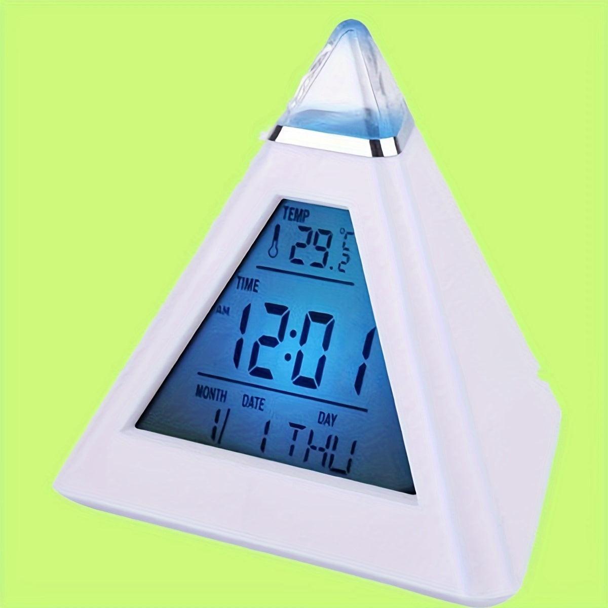 Battery-Operated LED Digital Alarm Clock Featuring a Quiet Pyramid Design, Night Light, Music, Snooze Function, And 7 Color-Changing Options, Perfect for Decorating Your Bedroom Or Office Desk. - Buy online at  Vibe In Cart.