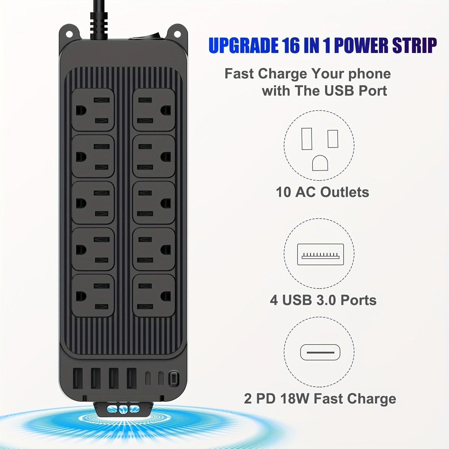 Power Strip Surge Protector - 10 Widely Spaced Outlets 6 USB Charging Ports, 4Ft Extension Cord, Flat Plug, Overload Surge Protection, Wall Mount For Home Office - Buy online at  Vibe In Cart.