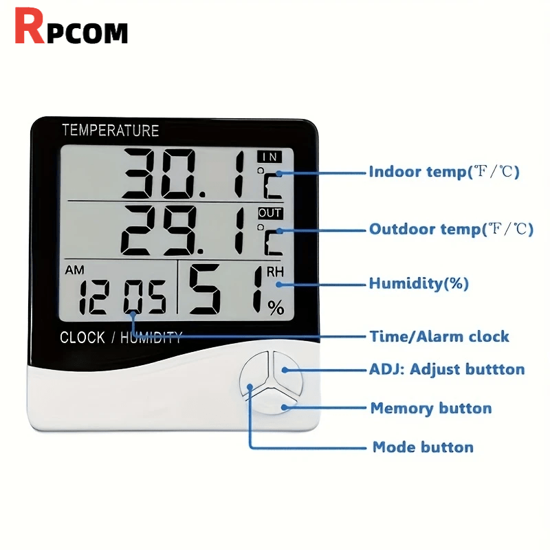 HTC-2 Temperature And Humidity Monitor with Clock, Alarm, And Calendar, Digital Thermometer Hygrometer for Indoor And Outdoor Use, Includes Back Stand for Home Or Office - Buy online at  Vibe In Cart.