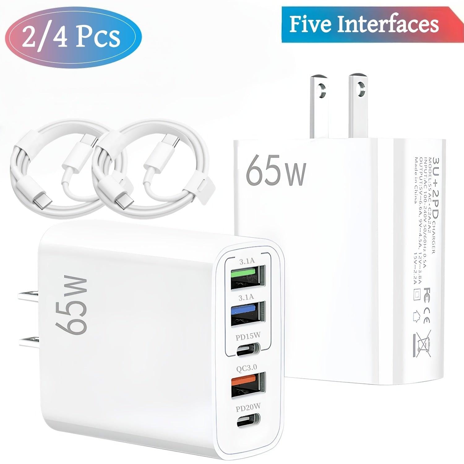 2/4pcs 20W USB C Fast Charger, Wall Charger Block, 5 Port Power Adapter with Data Cable, Compatible with Various Types Of Mobile Phones, White(The Five Ports Add Up to 65W) - Buy online at  Vibe In Cart.