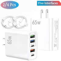 2/4pcs 20W USB C Fast Charger, Wall Charger Block, 5 Port Power Adapter with Data Cable, Compatible with Various Types Of Mobile Phones, White(The Five Ports Add Up to 65W) - Buy online at  Vibe In Cart.