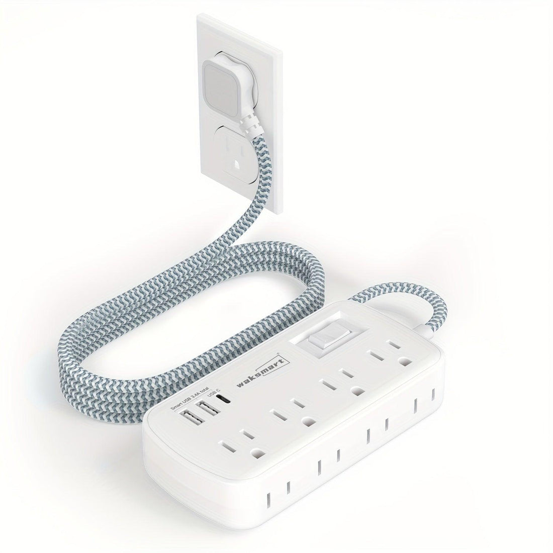 [Heavy-Duty | 8 AC Outlets] WAKSMART Heavy-Duty Power Strip | 8 AC Outlets, 3-Port USB Charging (1 USB-C Fast Charge), 5-Foot Braided Extension Cord, Wall Mount - Compact Charging Station for Office, Dorm, School - ETL - Buy online at  Vibe In Cart.