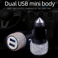 [Shiny Diamond Car Charger] Shiny Artificial Diamond Car Charger | Dual USB Ports, Lightweight Aluminum Alloy, Male to Male Connector, 12-24V Power Adapter, Car Interior Decor & Safety Hammer, Without Battery, Vehicle Accesso - Buy online at  Vibe In Cart.