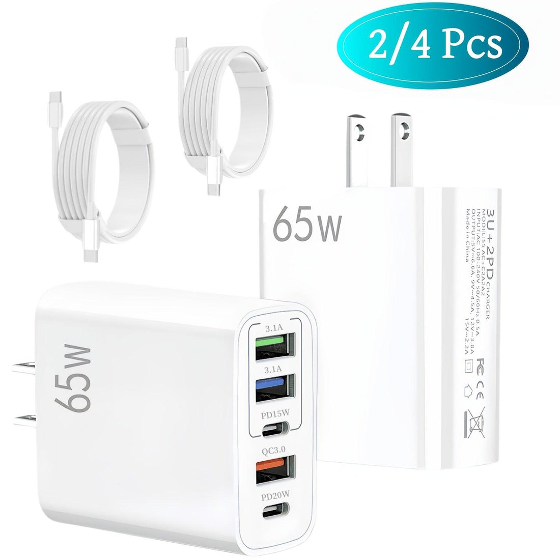 2/4pcs 20W USB C Fast Charger, Wall Charger Block, 5 Port Power Adapter with Data Cable, Compatible with Various Types Of Mobile Phones, White(The Five Ports Add Up to 65W) - Buy online at  Vibe In Cart.