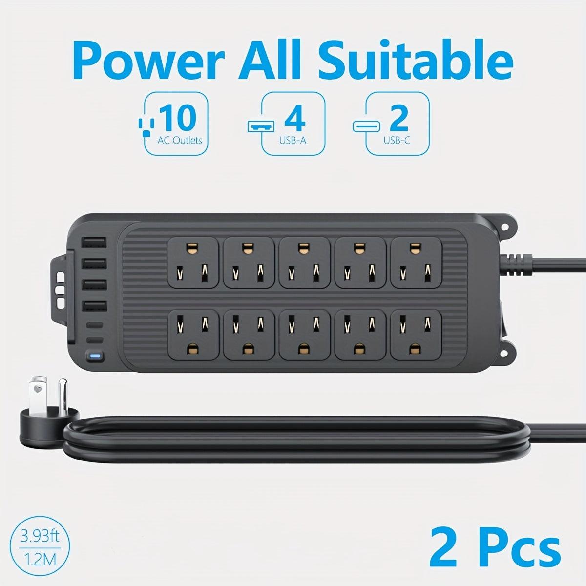 Compact Surge Protector Power Strip with 10 Outlets & 6 USB Ports (2 USB-C), 4ft Thin Flat Extension Cord, Ideal for Home, Office, Travel, and Dorm Use - US Plug, 110V-130V - Buy online at  Vibe In Cart.