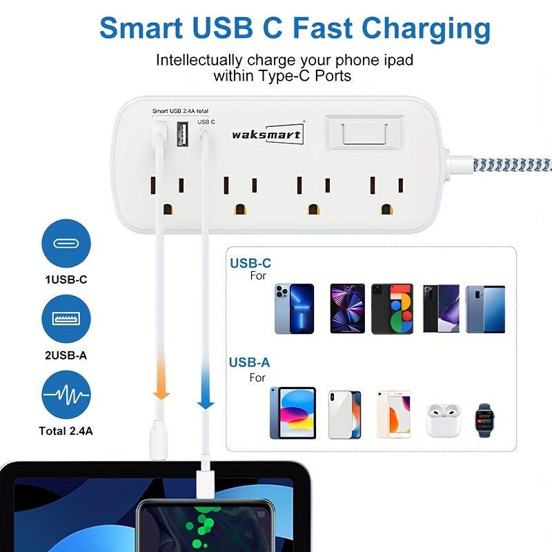 [Heavy-Duty | 8 AC Outlets] WAKSMART Heavy-Duty Power Strip | 8 AC Outlets, 3-Port USB Charging (1 USB-C Fast Charge), 5-Foot Braided Extension Cord, Wall Mount - Compact Charging Station for Office, Dorm, School - ETL - Buy online at  Vibe In Cart.
