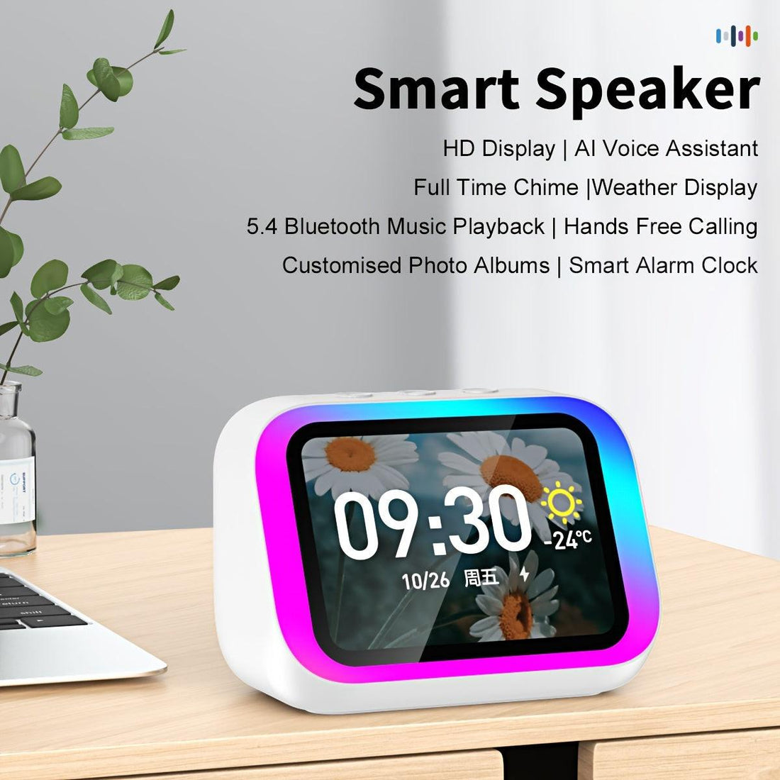 AI Smart Speaker, Smart Alarm Clock with Wireless Speaker & Dynamic RGB Light, Hi-Fi Stereo Sound, HD Smart Display, Answer/Make Call, Voice Assistant, Period Tracker, 2000mAh Battery, Portable Speakers - Charging Bedside Dig - Buy online at  Vibe In Cart.