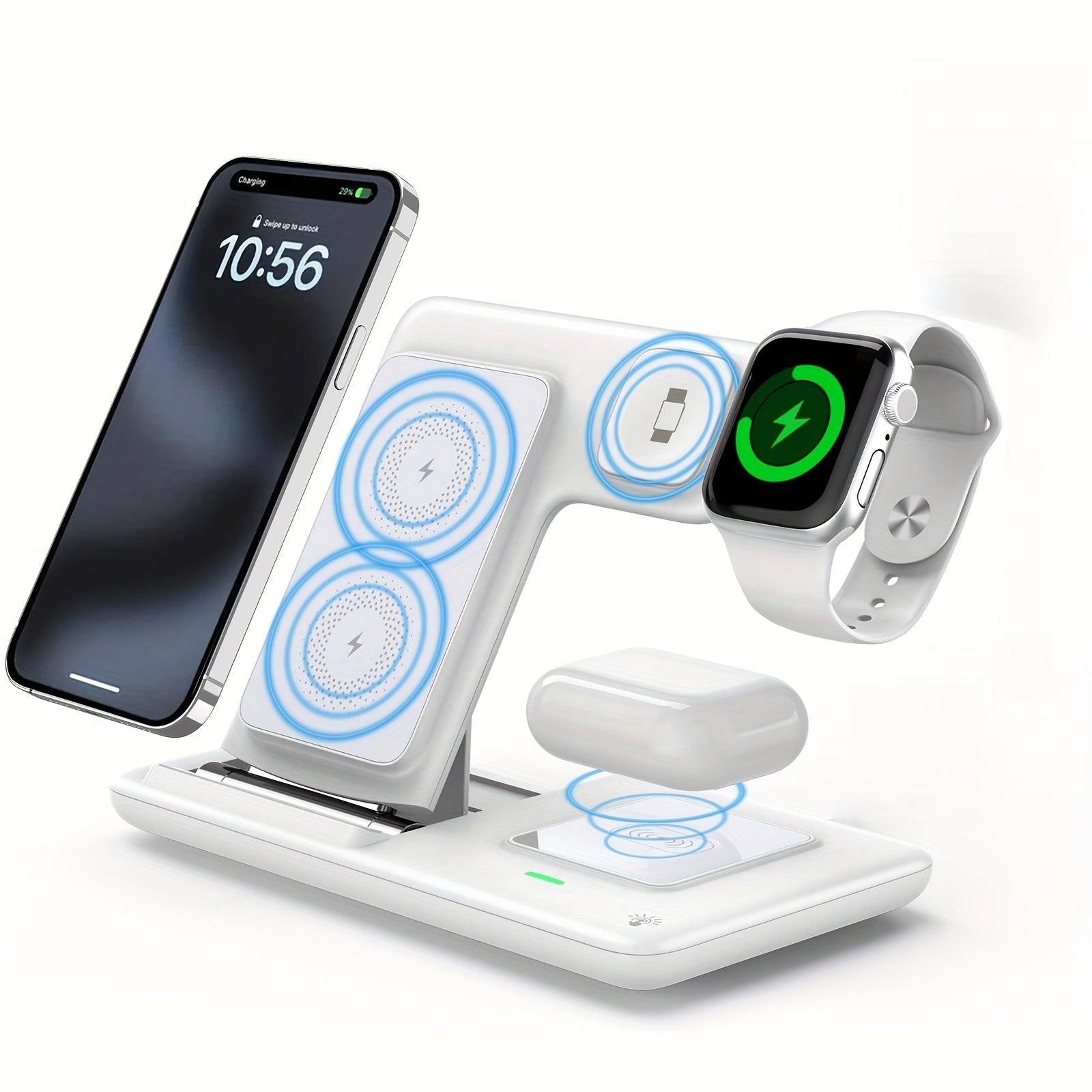 Foldable 3-in-1 Wireless Charging Station for Multiple Devices | Fast Charger Stand Dock for iWatch Series 9 8 7 6 SE 5 4 3 2, Ultra Airpods Pro 3 2, for iphone 17/16/15/14/13/12/11 - Magnetic Connector, USB Power, Brand: MIN - Buy online at  Vibe In Cart.