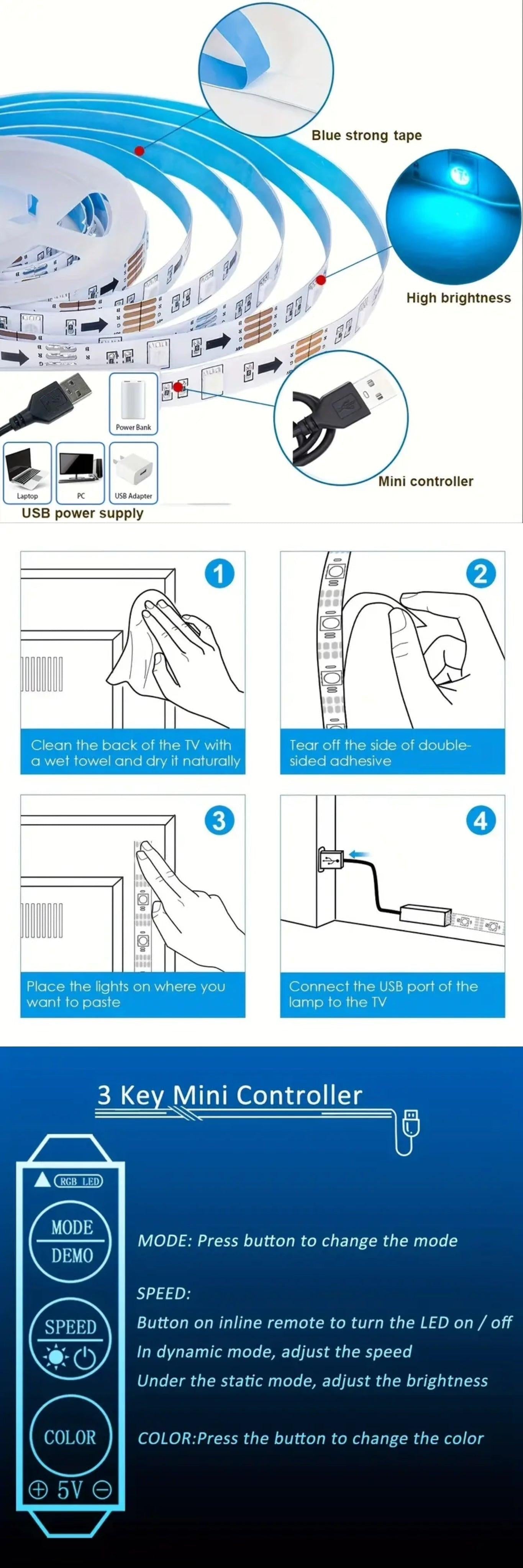 [1 Set RGB LED Strip] 1 Set 3.28-100ft/1-30m RGB 2835 LED Flexible Strand Diode Strip Light with 5V USB | for TV Backlight Room Decoration | Without Battery - Buy online at  Vibe In Cart.