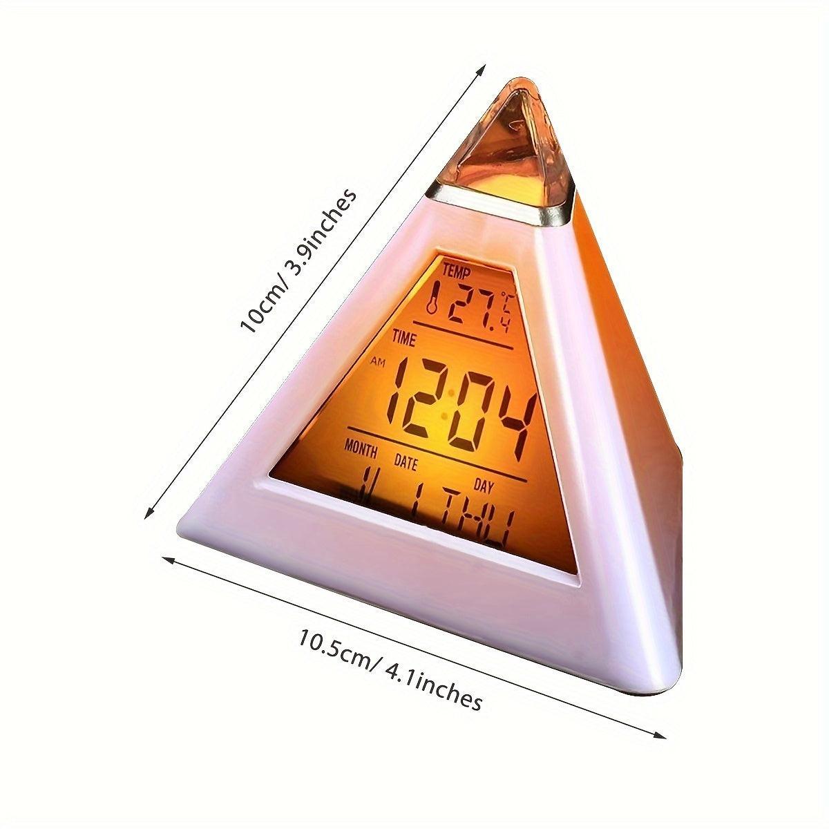 Battery-Operated LED Digital Alarm Clock Featuring a Quiet Pyramid Design, Night Light, Music, Snooze Function, And 7 Color-Changing Options, Perfect for Decorating Your Bedroom Or Office Desk. - Buy online at  Vibe In Cart.
