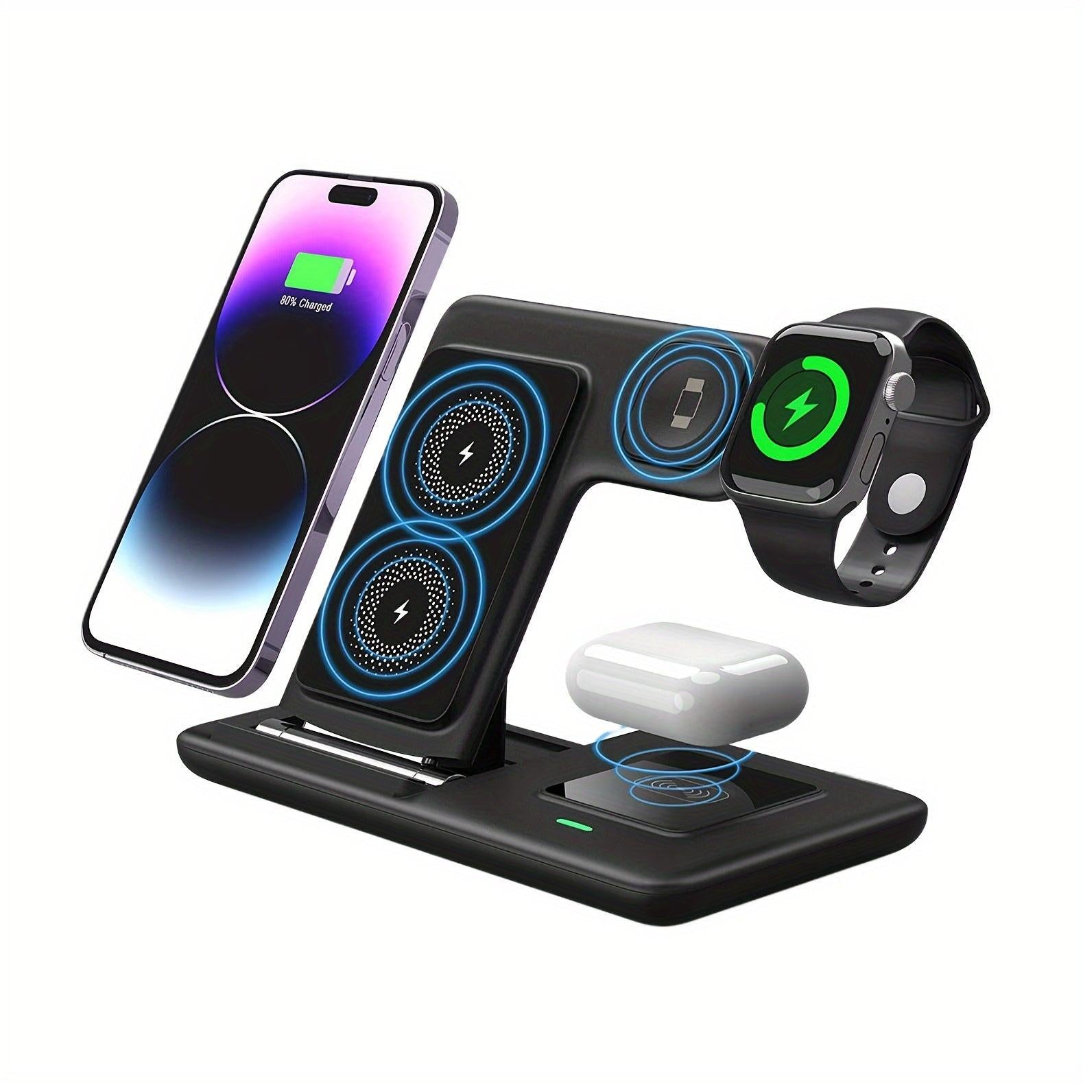 Foldable 3-in-1 Wireless Charging Station for Multiple Devices | Fast Charger Stand Dock for iWatch Series 9 8 7 6 SE 5 4 3 2, Ultra Airpods Pro 3 2, for iphone 17/16/15/14/13/12/11 - Magnetic Connector, USB Power, Brand: MIN - Buy online at  Vibe In Cart.
