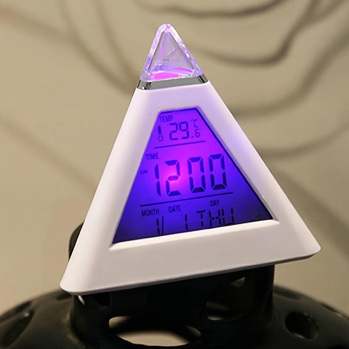 Battery-Operated LED Digital Alarm Clock Featuring a Quiet Pyramid Design, Night Light, Music, Snooze Function, And 7 Color-Changing Options, Perfect for Decorating Your Bedroom Or Office Desk. - Buy online at  Vibe In Cart.