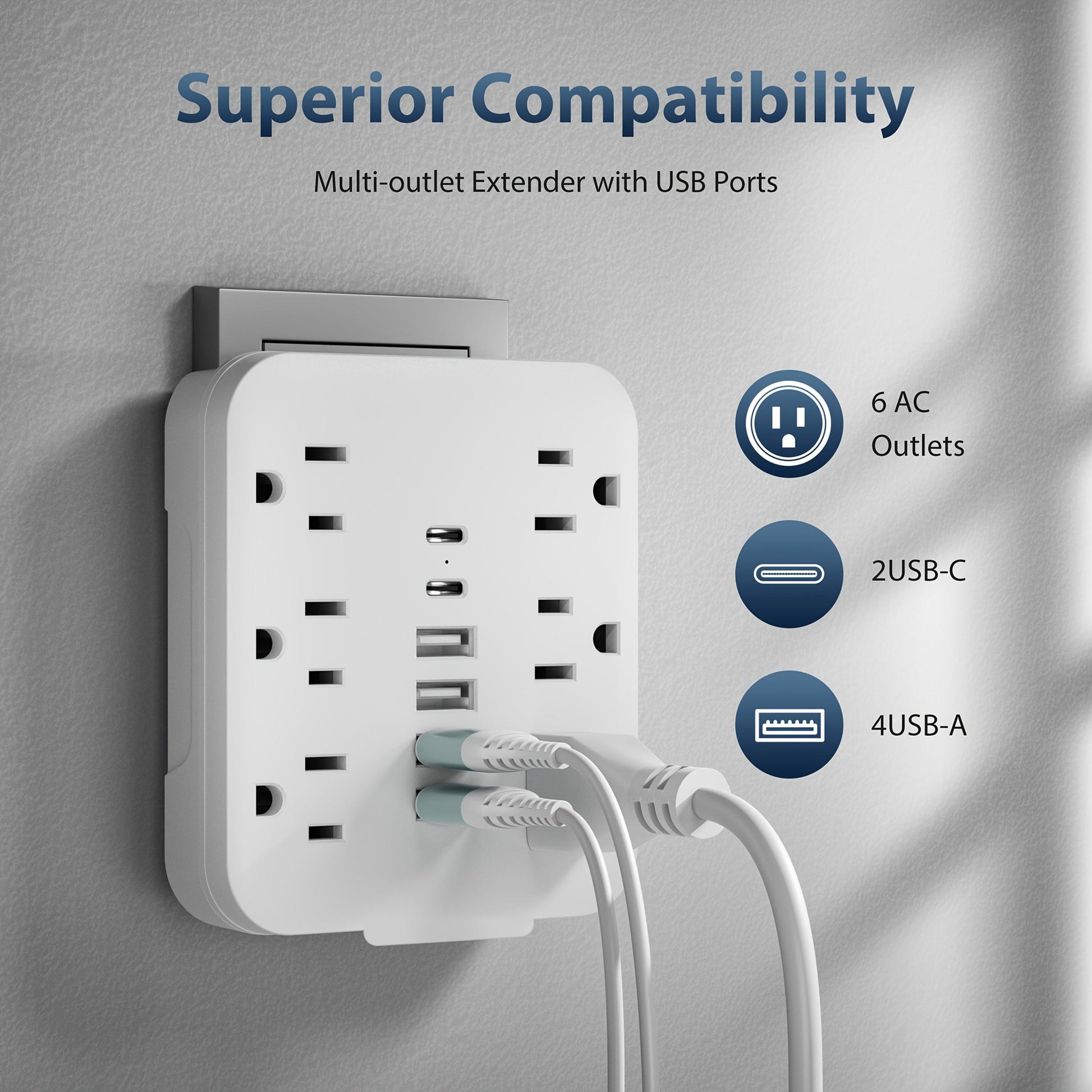 [12-in-1 Mini Power Adapter] 12-in-1 Mini Power Adapter | 6 AC Outlets, 4 USB, 2 Type-C | Sturdy, Durable, Portable | Multi-Outlet Wall Socket | Travel, Office, Home | Black & White - Buy online at  Vibe In Cart.