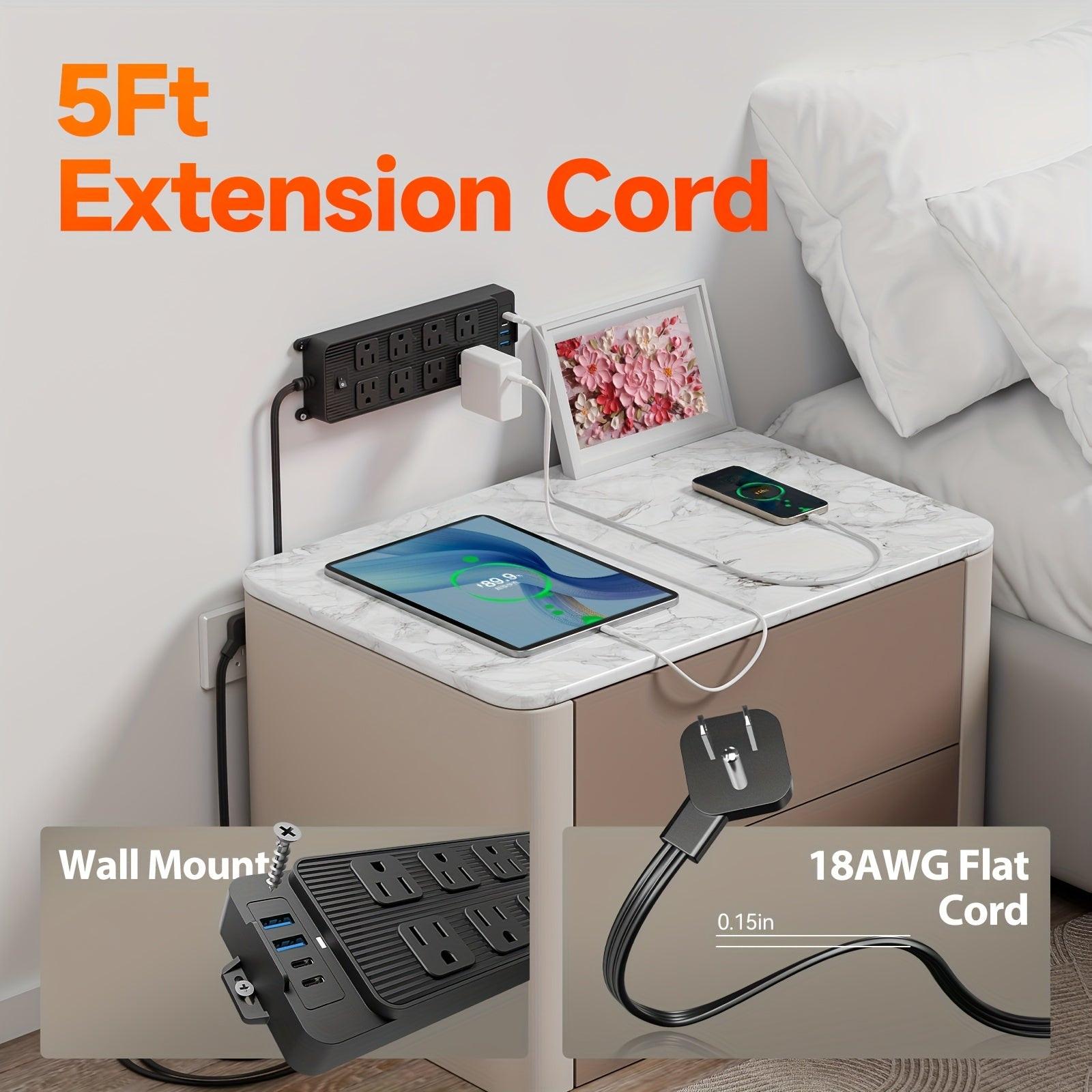 Power Strip with Surge Protection Featuring a 5 Ft/10 Ft Flat Extension Cord, 8 AC Outlets, And 4 USB Ports (2 USB A And 2 USB C), Designed As a Compact Charging Station for Desks, Suitable for Home, Dorm, Office, And Travel - Buy online at  Vibe In Cart.