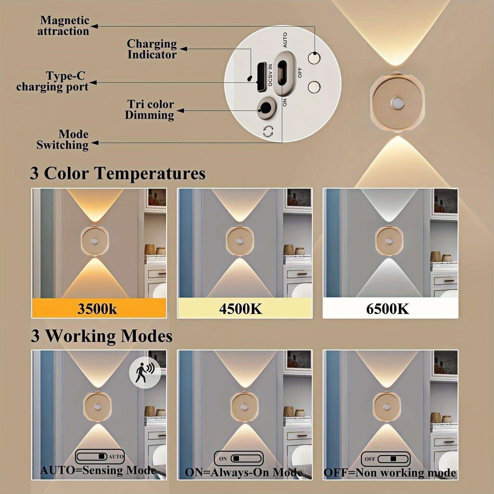 1pc Motion Sensor Light with USB Charging, Two-Way Switch, Adjustable Brightness & Color, Battery-Powered (), Freestanding Wall-Mounted Design for Entryway - Buy online at  Vibe In Cart.