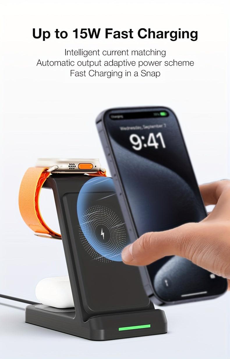 This Is a 3-In-1 Wireless Charging Station That Offers a 15W Fast Charging Capability. It Is Compatible with Iphone Models 16, 15, 14, 13, 12, 11, X, 8 Pro Max/Pro/Mini/Plus, As Well As The Iwatch Ultra 10/9/8, 7/6/5/4/3/2 SE - Buy online at  Vibe In Cart.