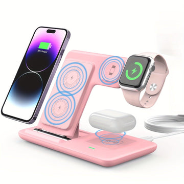 Foldable 3-in-1 Wireless Charging Station for Multiple Devices | Fast Charger Stand Dock for iWatch Series 9 8 7 6 SE 5 4 3 2, Ultra Airpods Pro 3 2, for iphone 17/16/15/14/13/12/11 - Magnetic Connector, USB Power, Brand: MIN - Buy online at  Vibe In Cart.