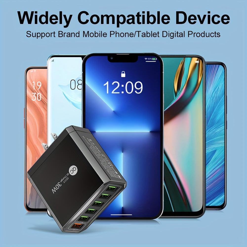 6-Port USB 30W QC3.0 Fast Charging Adapter for Mobile Phones, US Plug Quick Charge Adapter, Portable Travel Wall Charger - Buy online at  Vibe In Cart.