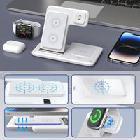 Foldable 3-in-1 Wireless Charging Station for Multiple Devices | Fast Charger Stand Dock for iWatch Series 9 8 7 6 SE 5 4 3 2, Ultra Airpods Pro 3 2, for iphone 17/16/15/14/13/12/11 - Magnetic Connector, USB Power, Brand: MIN - Buy online at  Vibe In Cart.