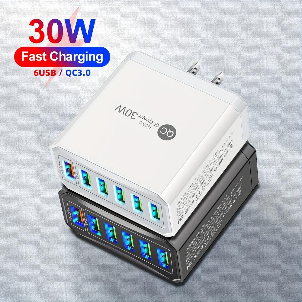 6-Port USB 30W QC3.0 Fast Charging Adapter for Mobile Phones, US Plug Quick Charge Adapter, Portable Travel Wall Charger - Buy online at  Vibe In Cart.