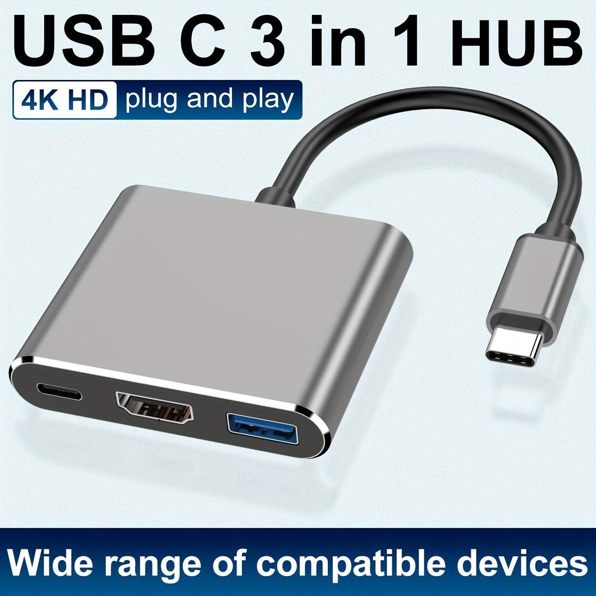 [3-in-1 USB C Hub] 3-in-1 USB C Hub | Thunderbolt 3 to HDTV 4K Output, USB 3.0 Port & 60W PD Charging, Compact Metal USB-C Adapter for MacBook Pro/Air, Galaxy S8/S9, Laptops - Buy online at  Vibe In Cart.