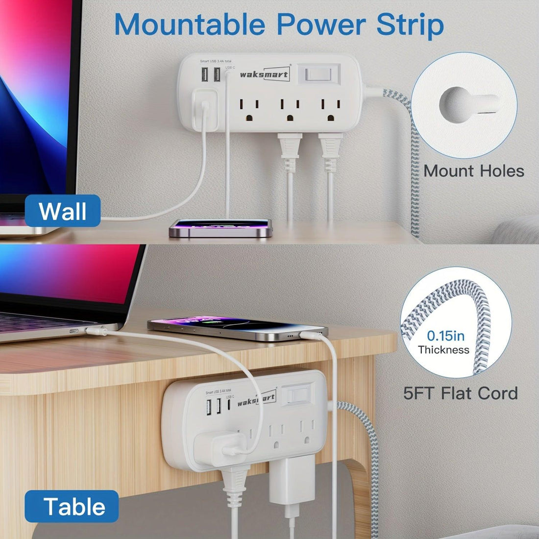 [Heavy-Duty | 8 AC Outlets] WAKSMART Heavy-Duty Power Strip | 8 AC Outlets, 3-Port USB Charging (1 USB-C Fast Charge), 5-Foot Braided Extension Cord, Wall Mount - Compact Charging Station for Office, Dorm, School - ETL - Buy online at  Vibe In Cart.