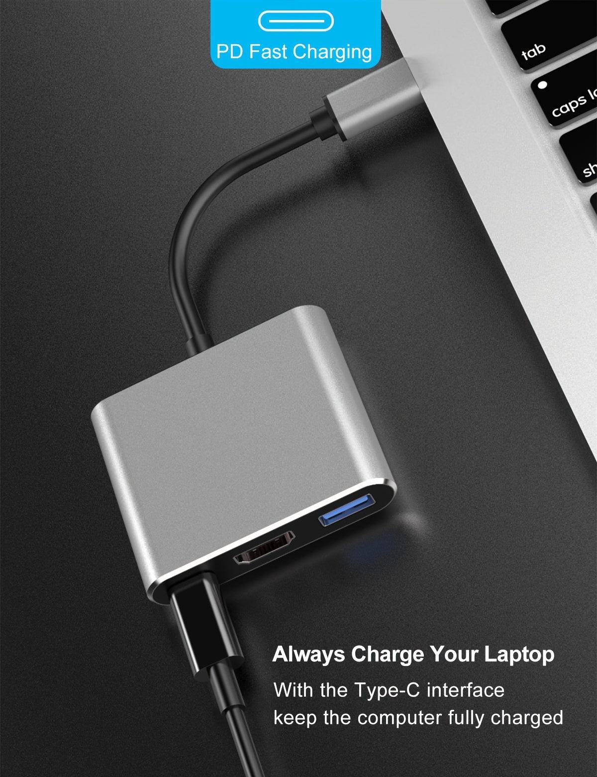 [3-in-1 USB C Hub] 3-in-1 USB C Hub | Thunderbolt 3 to HDTV 4K Output, USB 3.0 Port & 60W PD Charging, Compact Metal USB-C Adapter for MacBook Pro/Air, Galaxy S8/S9, Laptops - Buy online at  Vibe In Cart.