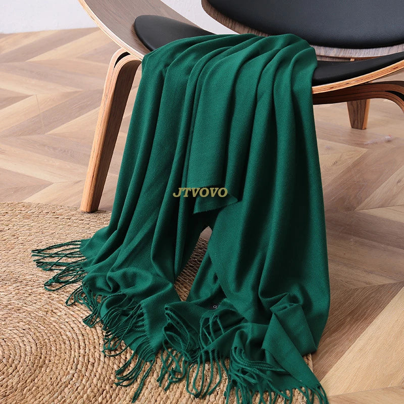 Women's Long Polyester Tassel Scarf with Solid Color