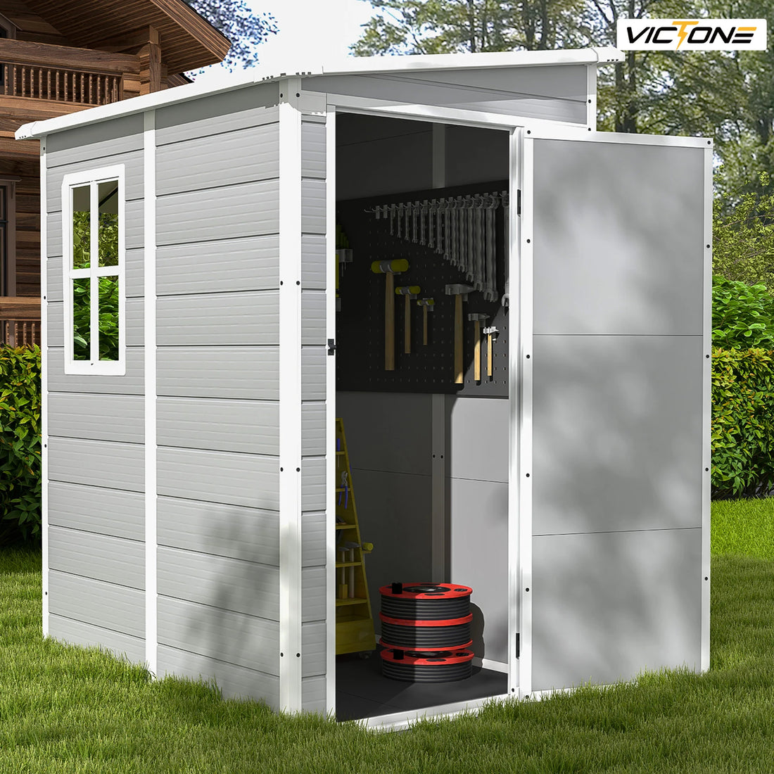 Victone 5x4 FT Plastic Outdoor Storage hed With Floor, Resin Storage shed &Lockable & Window Door For Patio Furniture - Buy online at  Vibe In Cart.