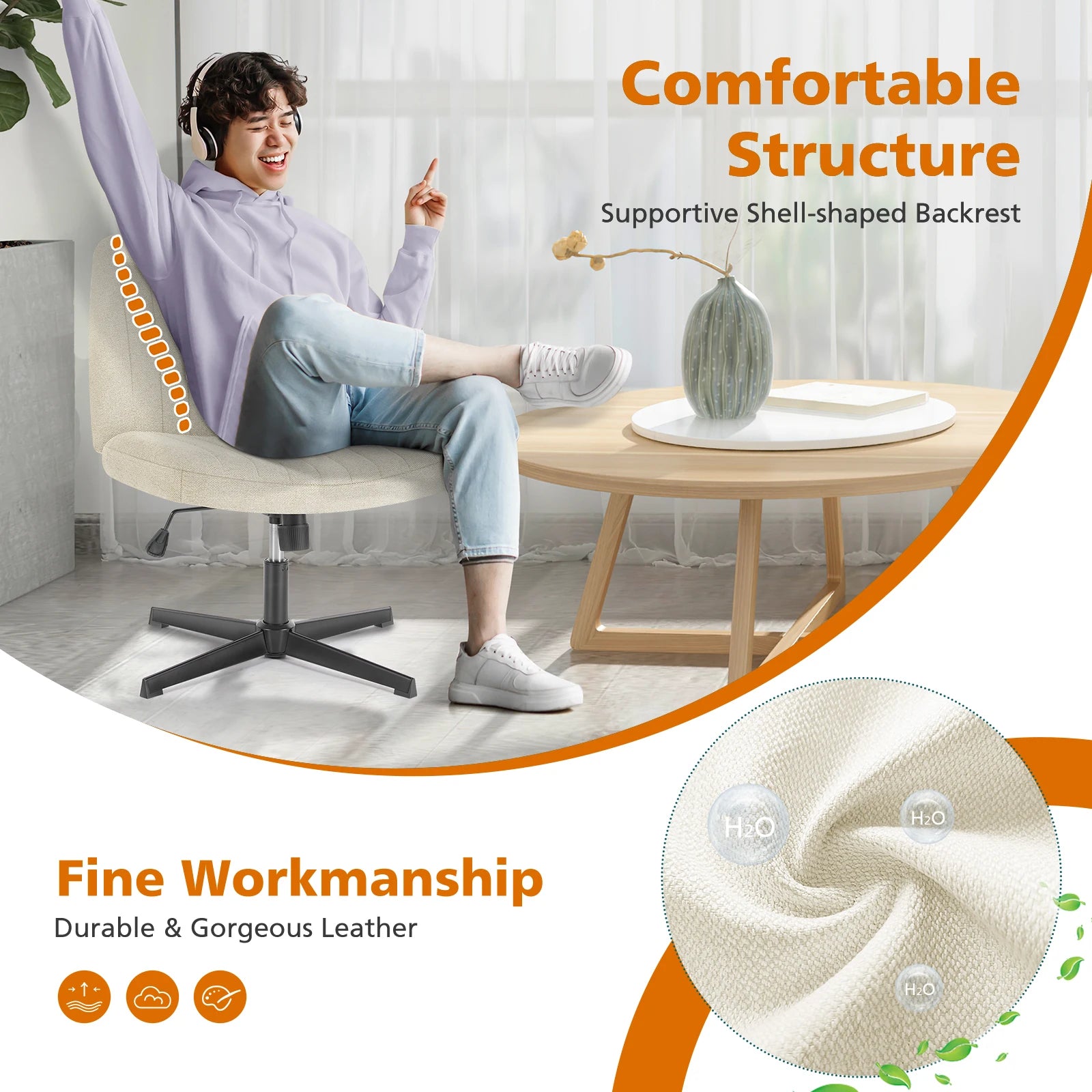 JHK Cross Legged Office Living Room Rocking Gaming Chair Armless Wide Desk Adjustable Swivel Fabric Task Vanity Home Office - Buy online at  Vibe In Cart.