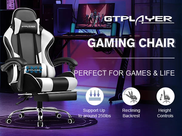 GTPLAYER Gaming Chair with Footrest, Lumbar Support, Adjustable Height, Swivel Seat, Headrest for Office or Gaming - Buy online at  Vibe In Cart.