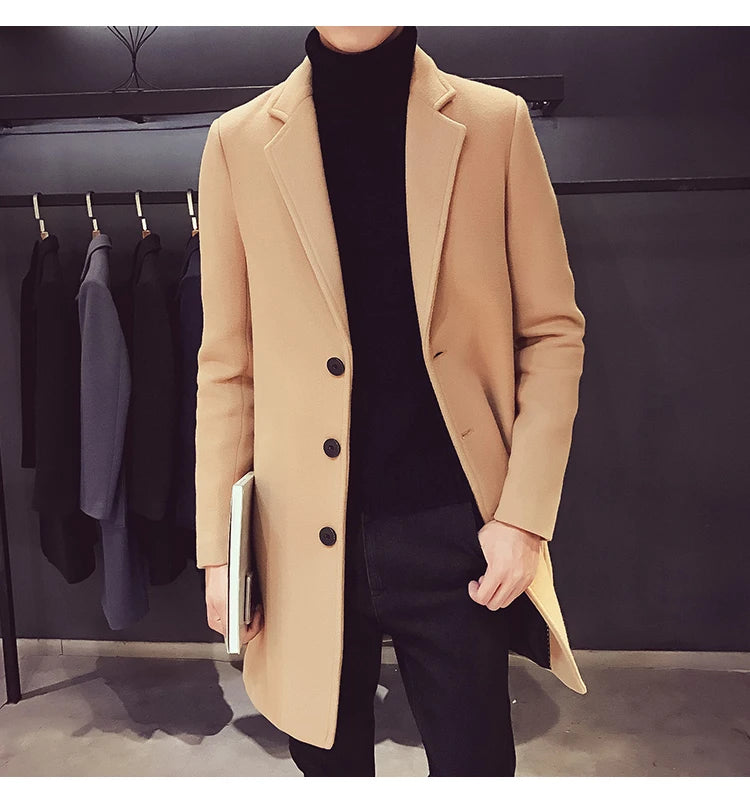 2024 Spring Autumn New Long Cotton Coat New Wool Blend Pure Color Casual Business Fashion Men's Clothing Slim Windbreaker Jacket - Buy online at  Vibe In Cart.
