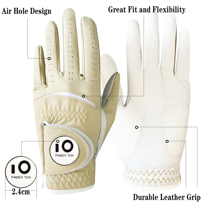 Men's Golf Gloves 2 Pack with Cabretta Leather Palm and Ball Marker