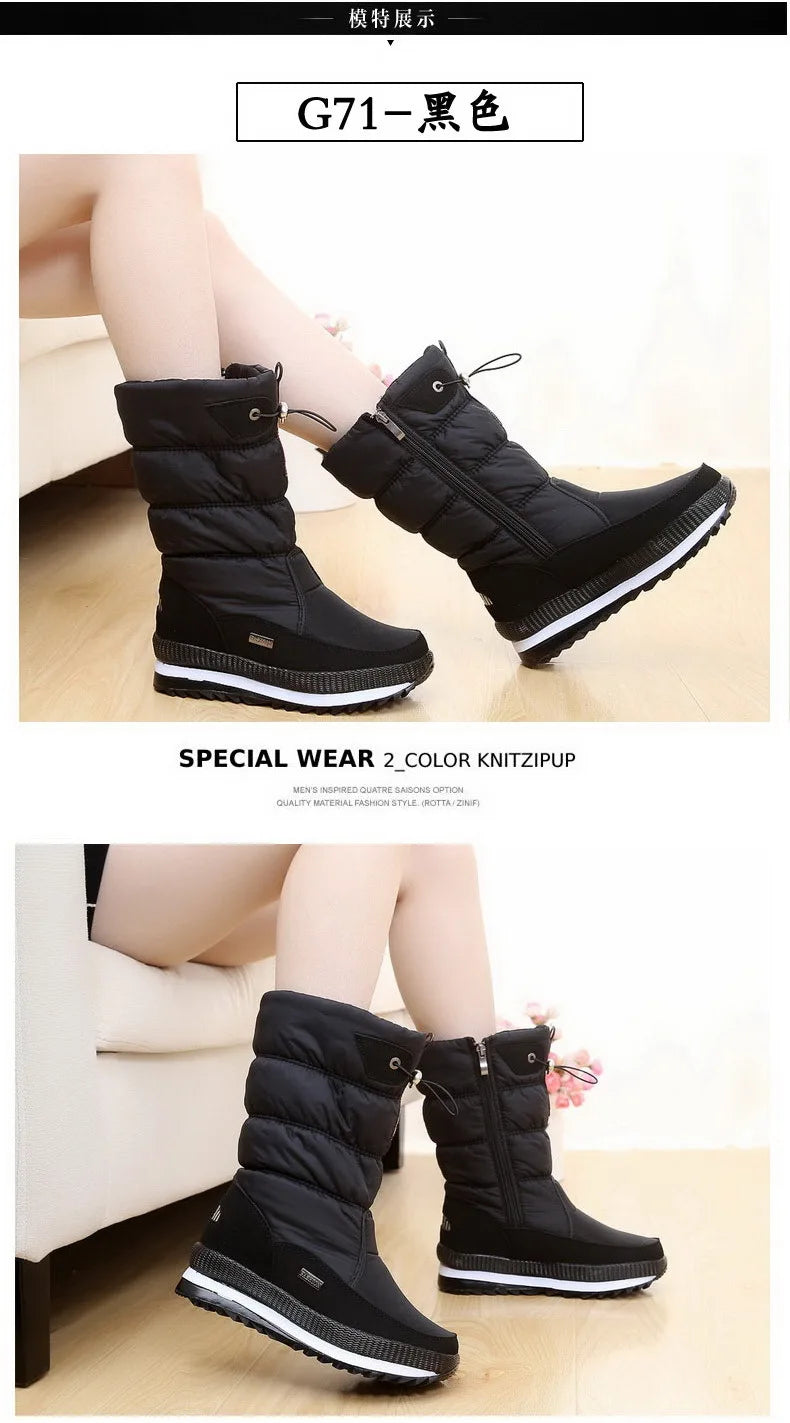 Women's Mid-Calf Platform Snow Boots with Flat Heel
