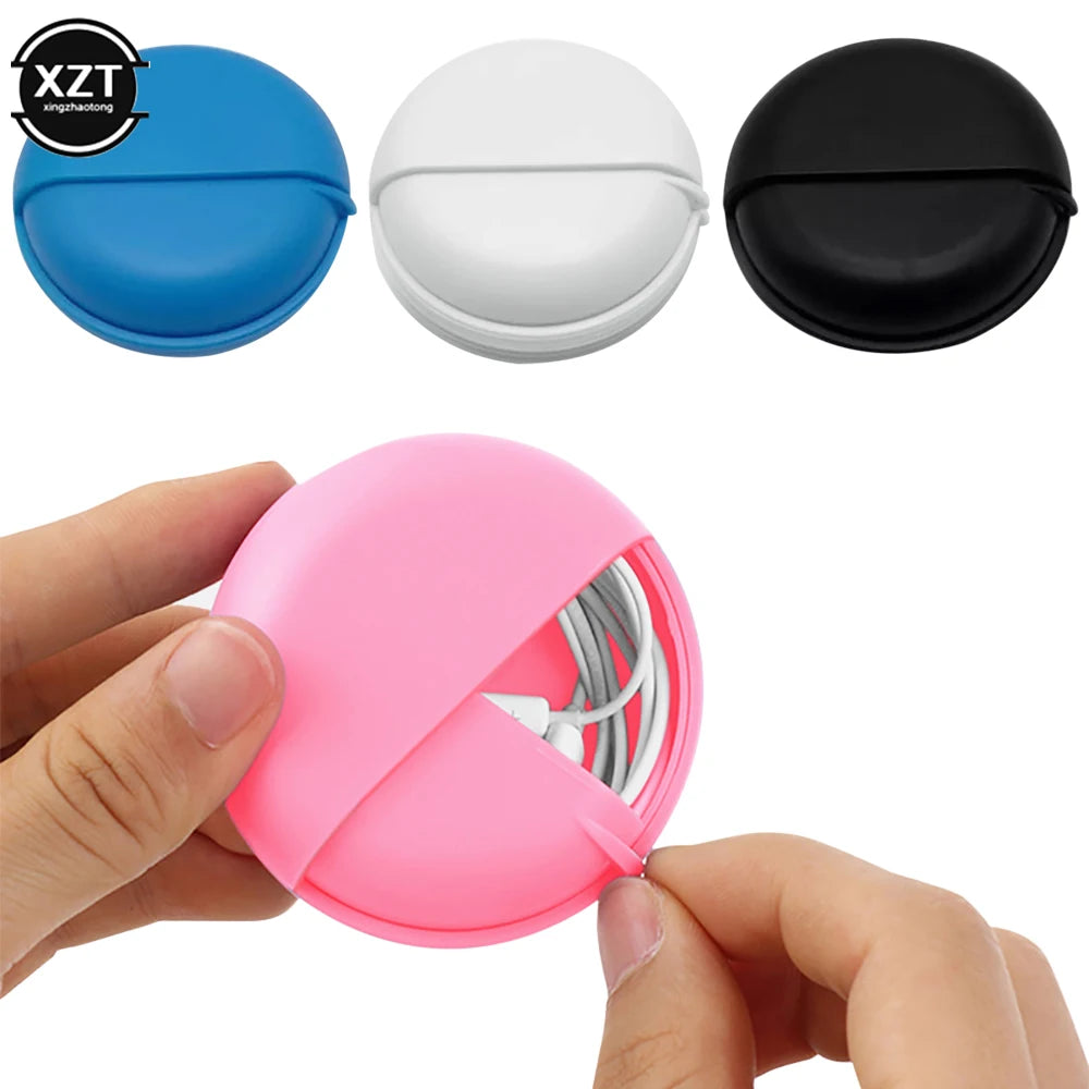 Round Plastic Storage Box with Rotating Cover for Cables and Earphones